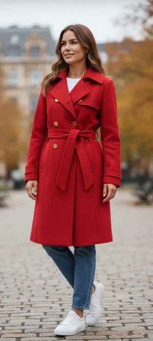 Guess Women's Vibrant Red Trench Coat. Wool blend thumbnail 1