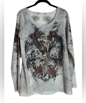 Rock & Republic Womens Y2K Mesh T-Shirt Gray Cross Angel Wings Tattoo Sleeve Grunge Size Med thumbnail 2