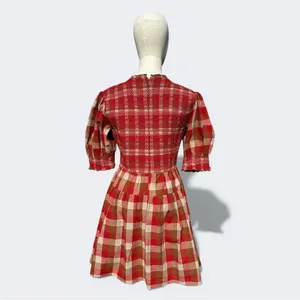 AUREUM Smocked Checkered Mini Dress Red Brown Plaid Cottagecore Prairie Size S thumbnail 5
