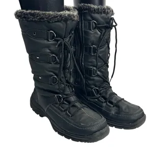 Totes Emily Black Faux Fur Trim Winter Snow Boots Size 8M Side Zip LaceUp Flaw thumbnail 1