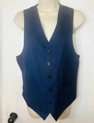 Navy Blue Plaid 5 Button Front Poly Rayon Blend Tailored Suit Vest -- Women's S thumbnail 1