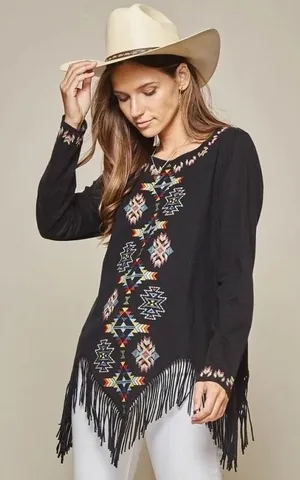 Savanna Jane Womens‎ Small Black Southwestern Embroidered Fringe Hem Top Blouse thumbnail 1