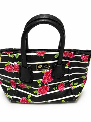 Betsey Johnson Floral Stripe Satchel Black Pink Rose Mini Handbag Y2K thumbnail 3