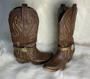 Handmade Womens Brown Leather Beaded Removable Boot Band One Size Boot Cuff thumbnail 1