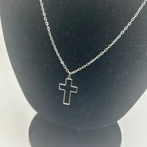Vintage Outline Cross Pendant Necklace Real Silver Stainless Steel Plated New thumbnail 2