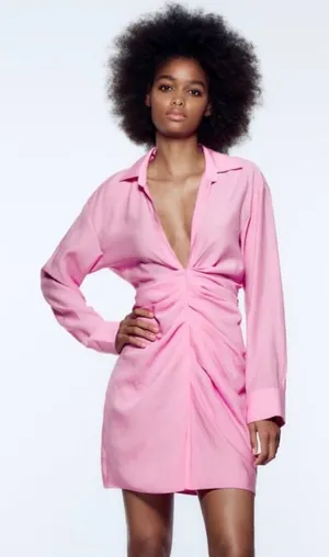 Zara Barbie Pink Draped Long Sleeve Dress Deep Vneck Collared M thumbnail 1