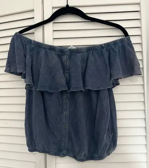 Free People Off the Shoulder Top Denim Blue thumbnail 1