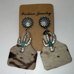 Western Cowhide Cactus Earrings Turquoise Concho Leather Dangle Boho Rodeo thumbnail 1