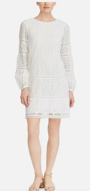Lauren Ralph Lauren White Cotton Voile Floral Eyelet Long Sleeve Dress‎ Boho thumbnail 1