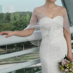 Bridal Sheer White Pearl-Embellished Shawl Wrap Bolero Wedding Gown caplet thumbnail 3