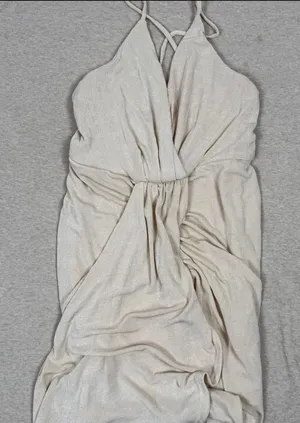Mable Ruched‎ Wrap Maxi Dress Beige Spaghetti Strap Halter Neck Size S thumbnail 1