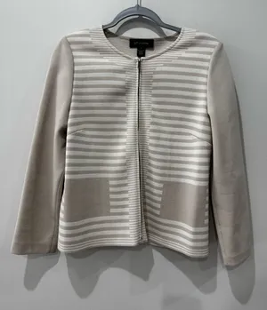 St John Size M Zip Sweater Jacket Wool Cream Stripe Luxury‎ thumbnail 1