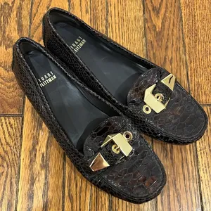 STUART WEITZMAN Crocodile Patent Leather Gold‎ Mary Jane Buckle Loafers Size 7M thumbnail 2