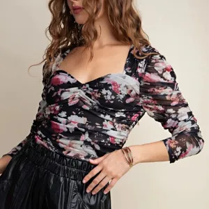 ASTR The Label Erica Top Black Floral Ruched Mesh Corset Whimsigoth Coquette NWT thumbnail 9
