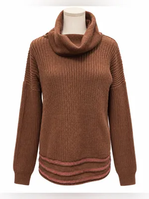 prAna Wool Blend Cowl Neck Sweater Medium Brown Striped Hem Pullover thumbnail 1