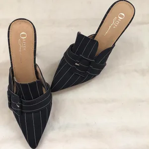 Olivia Jaymes Office Siren Core Navy white pin striped mules buckle detail 4” heels pumps - Size 8 thumbnail 4