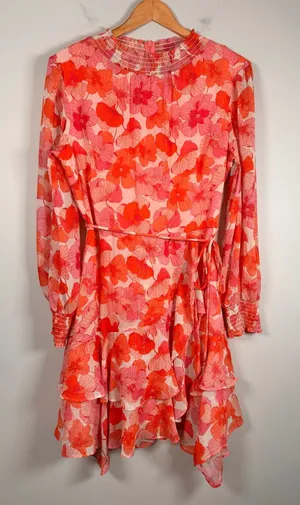 Maison Tara Floral Mini Dress Womens 12 Pink‎ Orange Ruffle Smocked Long Sleeve thumbnail 1