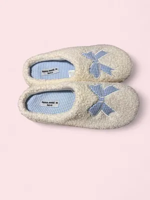 Plush Cream Sherpa Slip-On Slippers with Light Blue Gingham Bow thumbnail 3