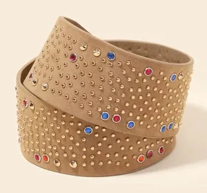 Source Unknown NEW Wide Vegan Leather Belt with Colorful and Metallic Studs Tan Khaki thumbnail 1