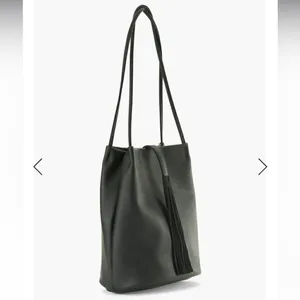 Lucky Brand Black Vegan Leather Tassel Tote Double Handle Bucket Bag thumbnail 2