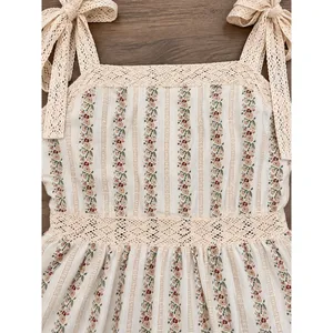 Cream Floral Cotton Maxi Dress Lace Tie Cottagecore Tiered Ruffle M thumbnail 6