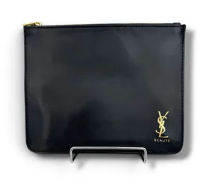 YSL Beaute make up cosmetic bag pouch logo vegan leather zipper black gold thumbnail 1