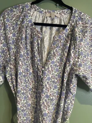 LOFT Linen Blend Floral Midi Dress Women L Blue Cottagecore Belted Pockets thumbnail 4
