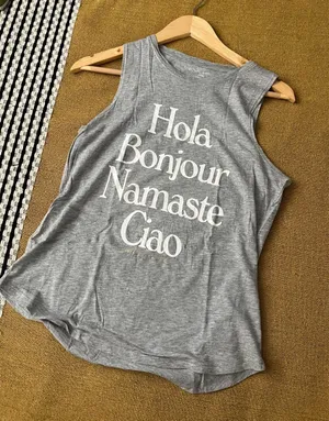 YOGA Shirt, Grey Graphic Muscle Tank Top - Hola Bonjour Namaste Ciao Sz S thumbnail 1