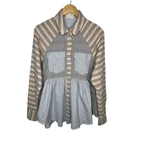 Dress Up Mixed Print Button Down Top Women Small‎ Blue Peplum Striped Plaid Boho thumbnail 2