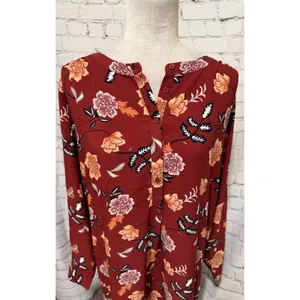 Ann Taylor LOFT Floral Long Sleeve Red Dress Size Large thumbnail 2
