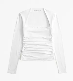 White Square Neck Ruched Long Sleeve Ava Top - Abercrombie & Fitch size S thumbnail 1