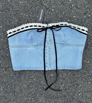 NWT Pretty Little Thing Denim Lace Crop top Size 8 thumbnail 1