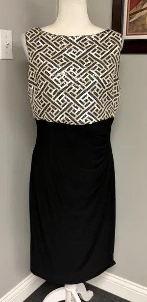 Lauren Ralph Lauren Sequin Geometric Bodice Ruched Sheath Dress Black Silver 14 thumbnail 1