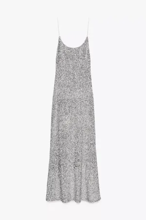 Zara Silver Sequin Spaghetti Strap maxi Dress evening party holiday thumbnail 11