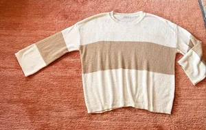 Vestique Striped Knit Sweater Size S Cream Beige Wide Sleeve Soft Cozy thumbnail 1