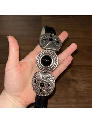 Black genuine, leather line animal printed buckle belt gem Native American look thumbnail 2
