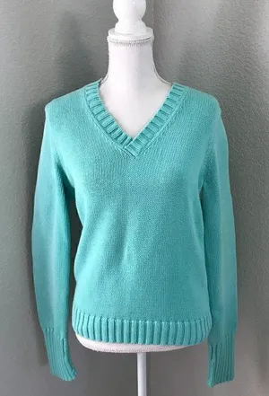 Lauren Ralph Lauren Women Light Blue Knitted Pullover V-Neck Sweater Medium thumbnail 1