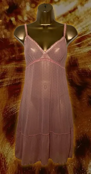 Donna Loren Pink Sheer Polka Dot Mesh Slip Dress w/ Lace Trim thumbnail 1
