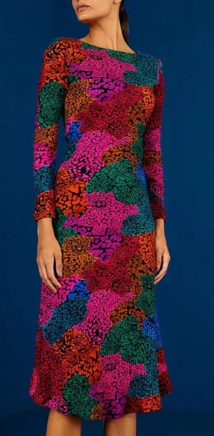Farm Rio Rainbow Mix Jersey Dress Ribbed Knit Long Sleeve Midi New Size Medium thumbnail 1