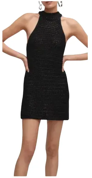 Mango Black Metallic Knit Halter Mini Dress XS Open Crochet Shimmer thumbnail 1