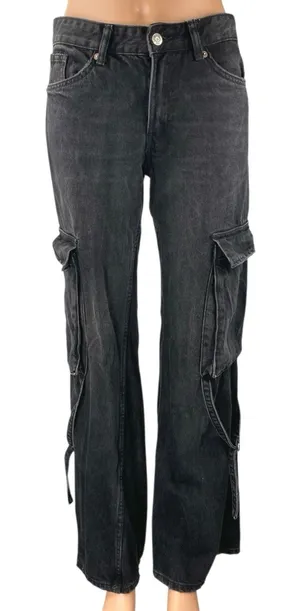 Zara Women's Black Straight Wide Leg Mid Rise Baggy Cargo Denim Jeans Pants Sz 2 thumbnail 1