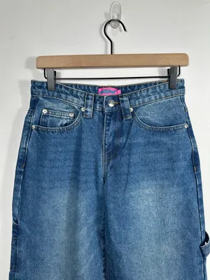 Edikted Wide Leg Carpenter Jeans Y2K Skater Baggy Denim‎ Blue High Rise XS thumbnail 3