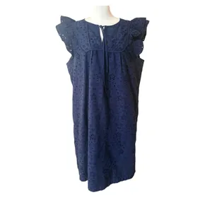 J.Crew Eyelet Shift Dress‎ Womens Size 16 Navy Blue Excellent Ruffle Tie-Neck thumbnail 2