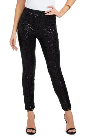 Tipsy Elves Black Sequin Leggings Large Lined Stretch Party Holiday NWT thumbnail 1