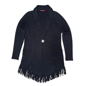 Barbara Lesser Black Fringe Cotton Knit Cardigan Minimalist Cozy Capsule Western thumbnail 2