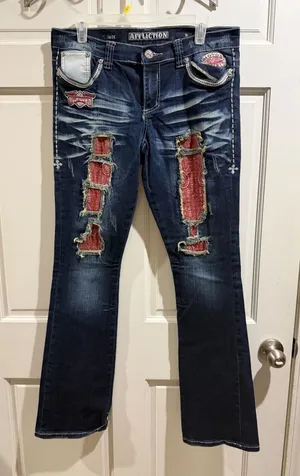 Affliction Jade Women's Distressed Blue Jeans with Red Bandana Patch Size 31 thumbnail 1