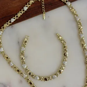 14k Gold Plated Set Heart Shaped XOXO Choker 21" And Bracelet 8" Zirconia thumbnail 2