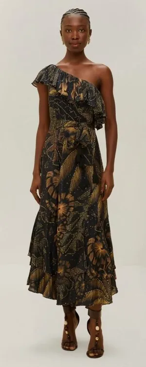 NWT Farm Rio Golden Foliage Black One Shoulder Maxi Dress Sz. XS thumbnail 1