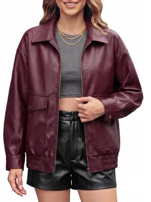 vanmolrs Oversize Leather Jacket Women Faux Motorcycle Coats Burgundy. Size M thumbnail 1