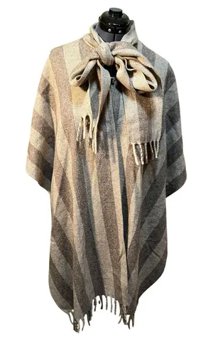 Vintage Women's Shawl Poncho Tan Brown Stripes Fringe Wool Blanket Tie Neck Boho thumbnail 1
